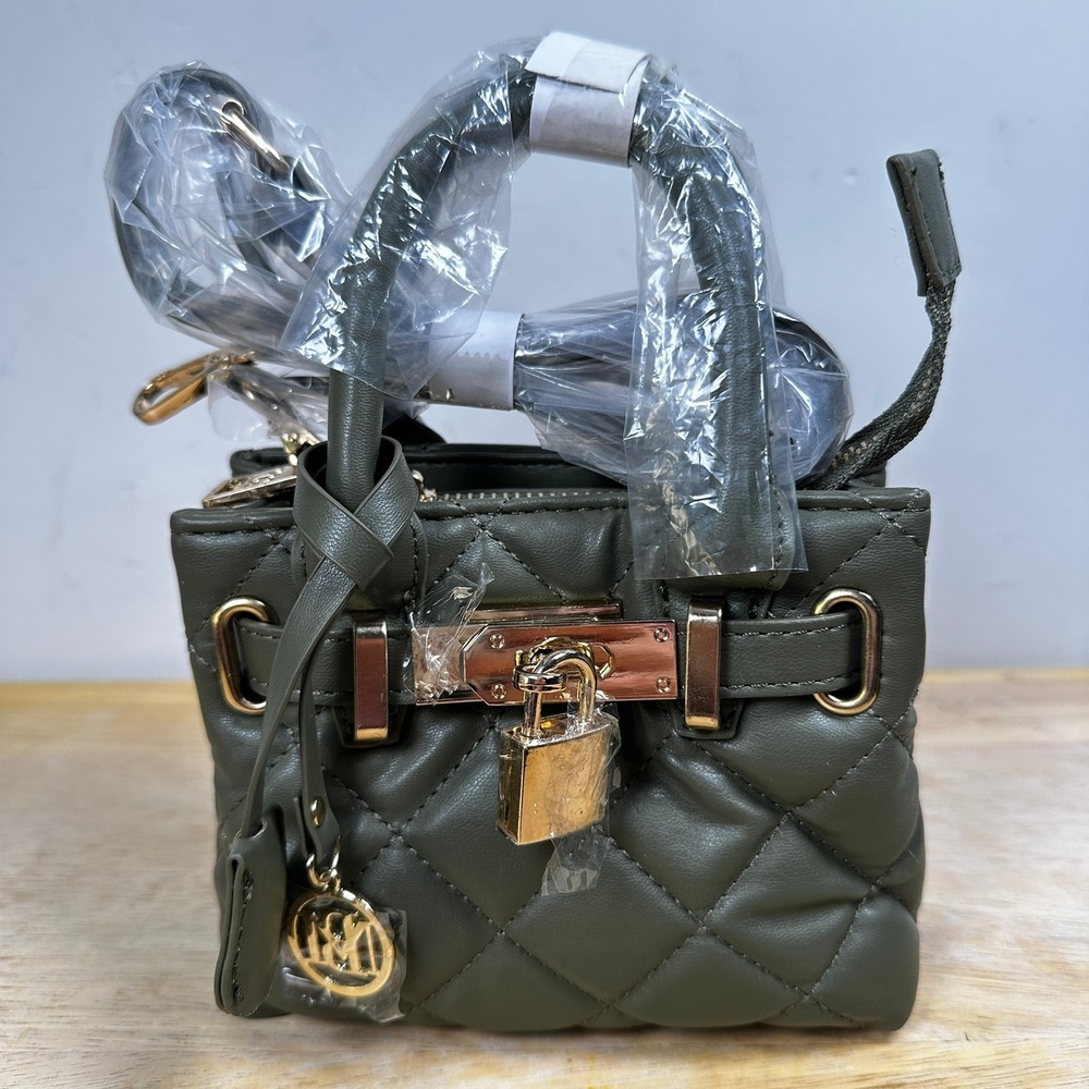 Badgley Mischka Mini Satchel Tote Olive Green Quilted Crossbody Handbag Lock NWT